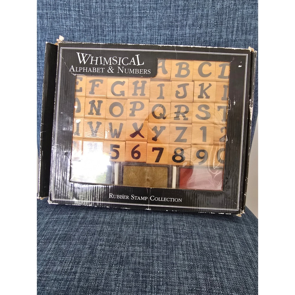 Stampabilities Whimsical Alphabet & Numbers Wood Rubber Stamp Set 36pc Ink Pads